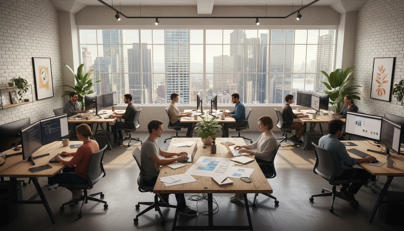 Modern web development studio with diverse team working at standing desks and collaborative workstations