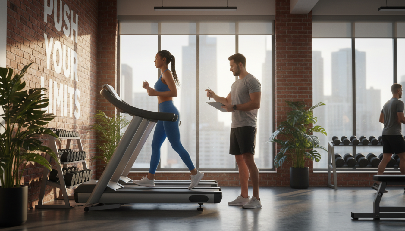 Trainer monitoring client during treadmill sprint workout in bright, modern urban gym with morning light and exposed brick Trainer monitoring client during treadmill sprint workout in bright, modern urban gym with morning light and exposed brick