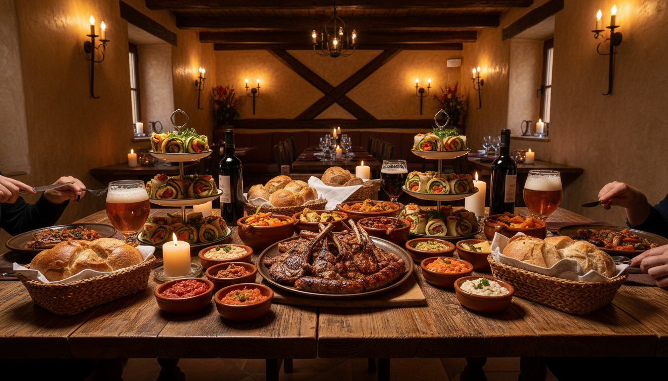Diners enjoying traditional regional meat and vegetable dishes at candlelit wooden table in rustic restaurant Diners enjoying traditional regional meat and vegetable dishes at candlelit wooden table in rustic restaurant