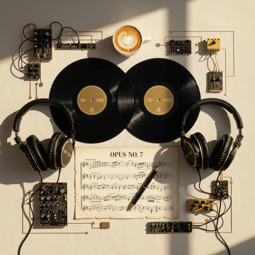 Overhead flat-lay of music production elements including vinyl, headphones, sheet music, and creative tools