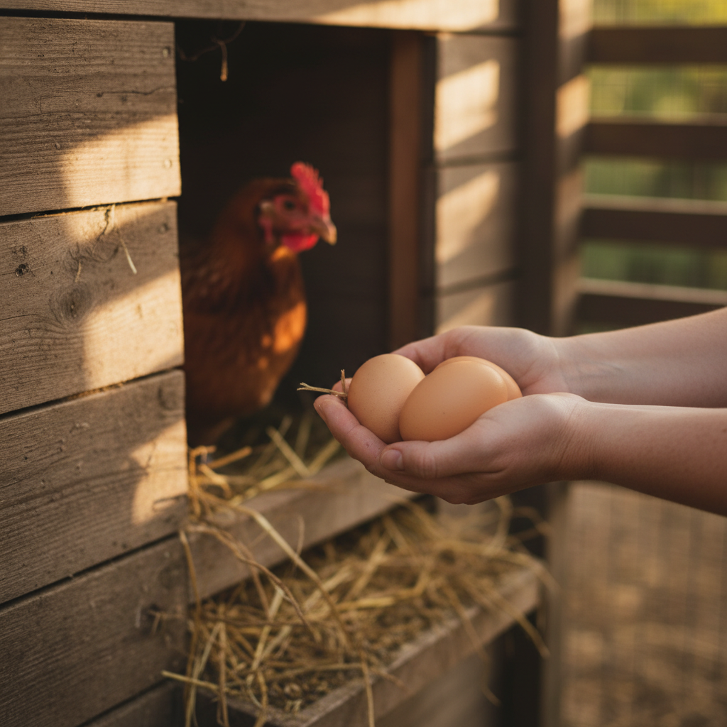Woman's hands collecting fresh brown eggs from wooden nesting box in backyard chicken coop during morning harvest Woman's hands collecting fresh brown eggs from wooden nesting box in backyard chicken coop during morning harvest
