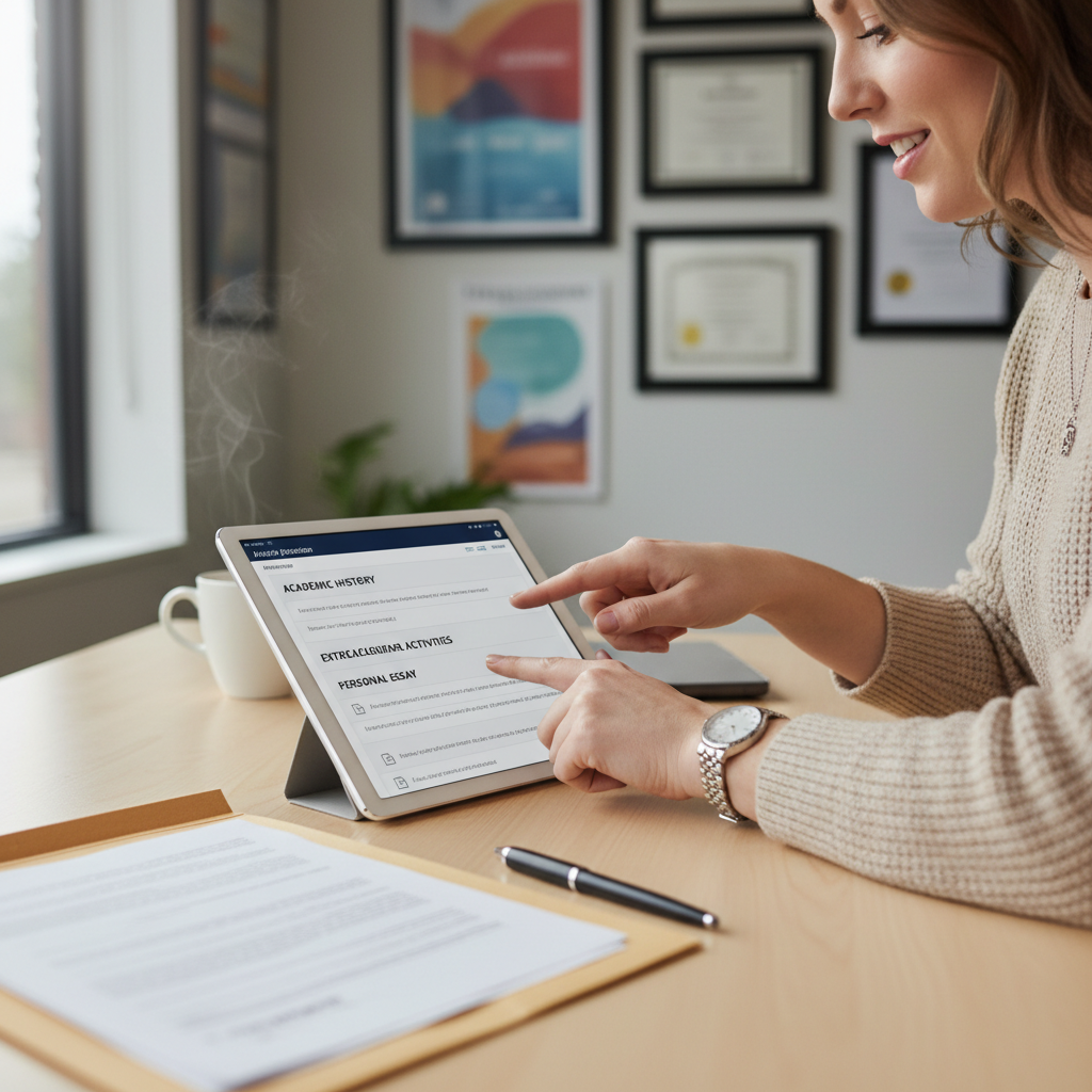 Educational counselor pointing to university application details on tablet during personalized student consultation session