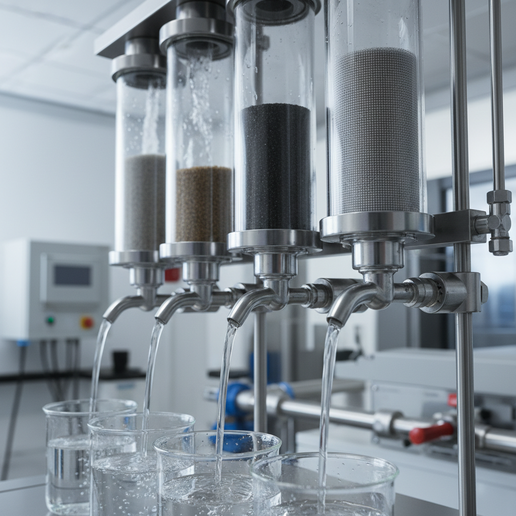 Close-up of multi-stage water filtration system showing transparent filter housings with crystal-clear treated water flowing downward Close-up of multi-stage water filtration system showing transparent filter housings with crystal-clear treated water flowing downward
