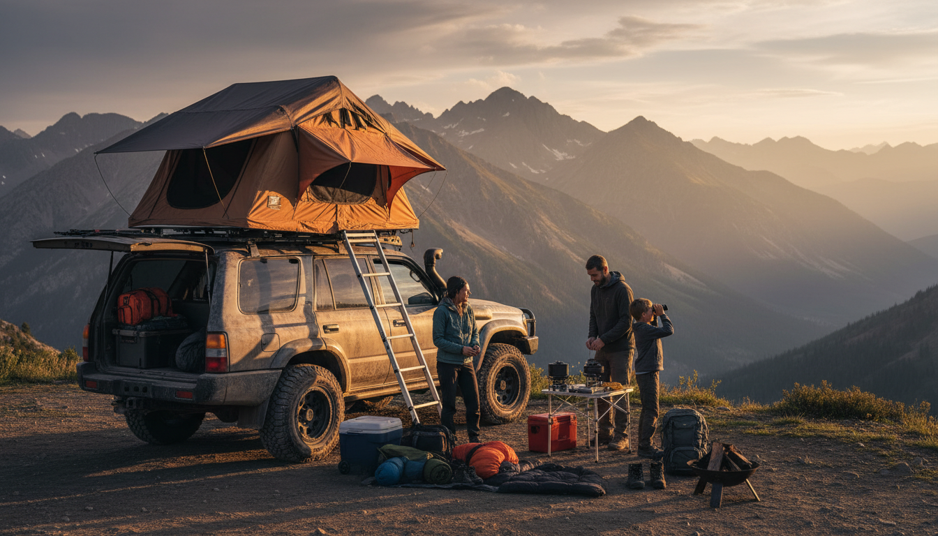 Off-road Vehicle with deployed rooftop tent overlooking mountain landscape at sunset with family and camping gear below Off-road Vehicle with deployed rooftop tent overlooking mountain landscape at sunset with family and camping gear below
