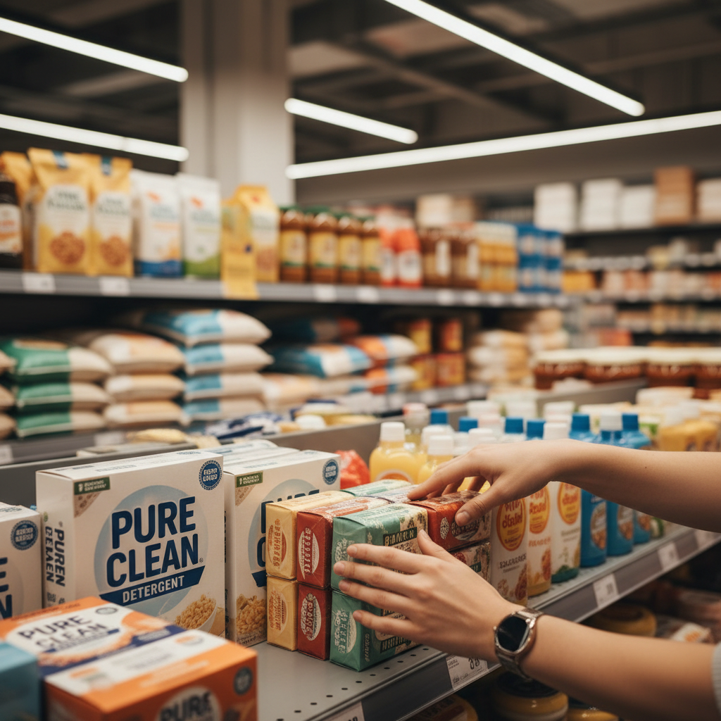 Customer's hands selecting packaged household essentials from organized wholesale market shelf display
