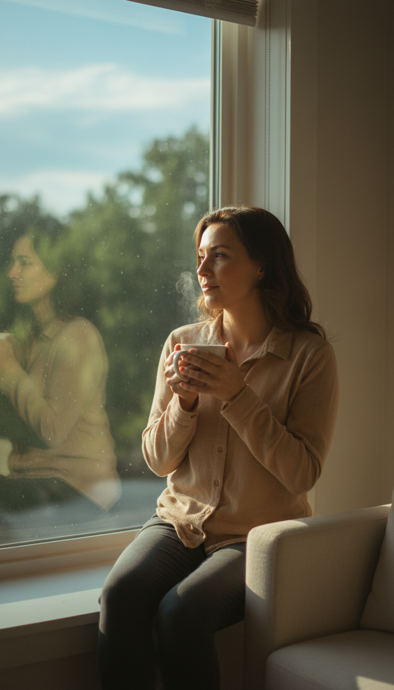 Client sitting peacefully on window seat with sunlight, holding warm beverage, with contemplative expression looking toward natural light
