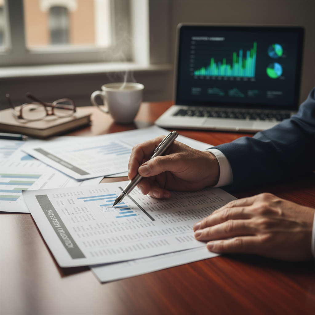 Entrepreneur's hands reviewing acquisition documents and financial data on desk with natural window lighting Entrepreneur's hands reviewing acquisition documents and financial data on desk with natural window lighting