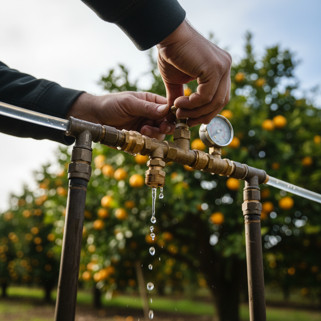 Agricultural professional inspecting drip irrigation tubing and valve systems on productive farmland Agricultural professional inspecting drip irrigation tubing and valve systems on productive farmland