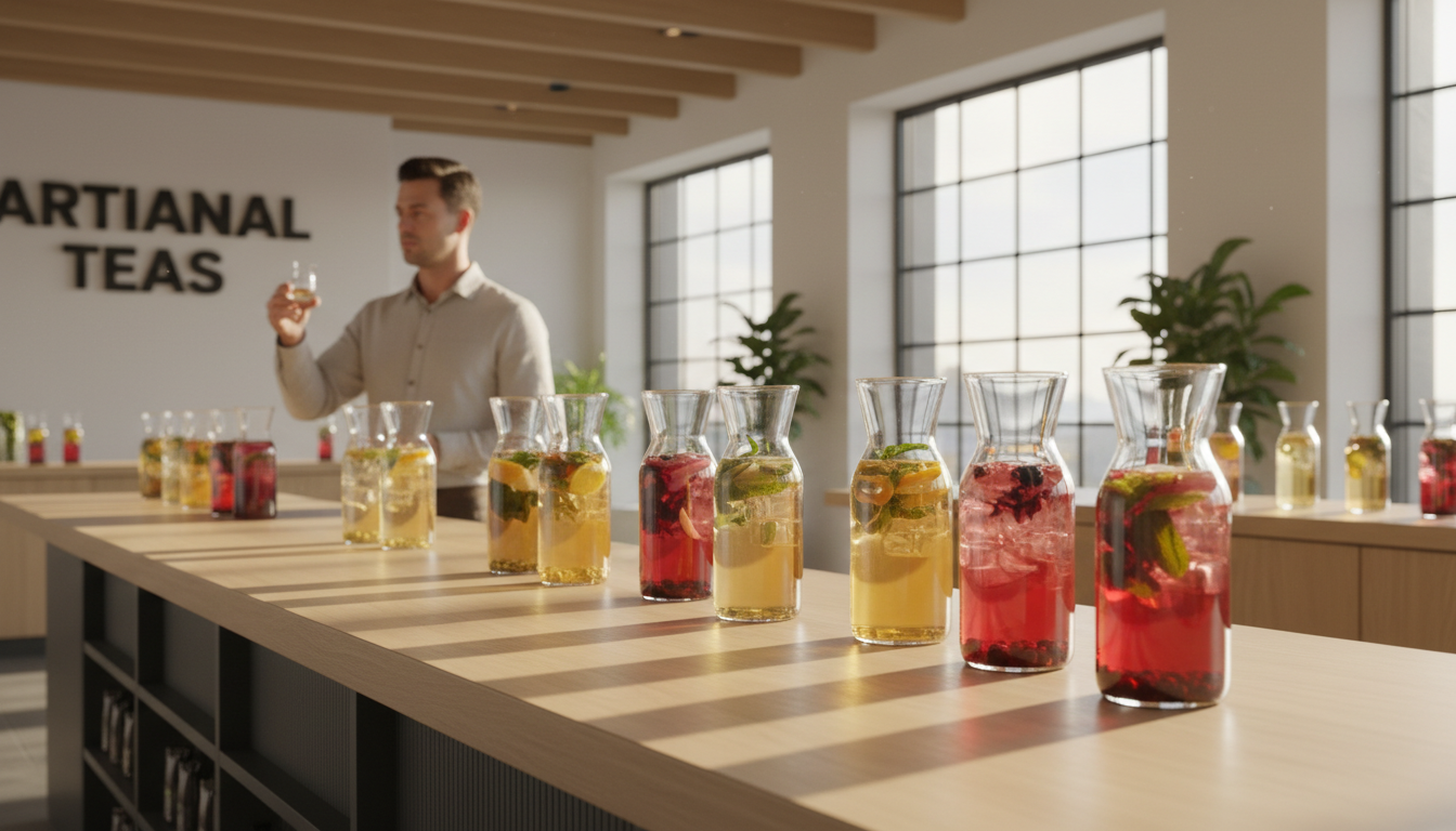 Professional beverage display with multiple iced tea varieties in glass bottles showing different colors and infusions in refined tasting environment