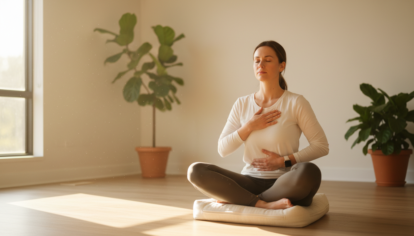 Woman practicing breathwork in serene sunlit meditation room, demonstrating diaphragmatic breathing with eyes closed. Woman practicing breathwork in serene sunlit meditation room, demonstrating diaphragmatic breathing with eyes closed.