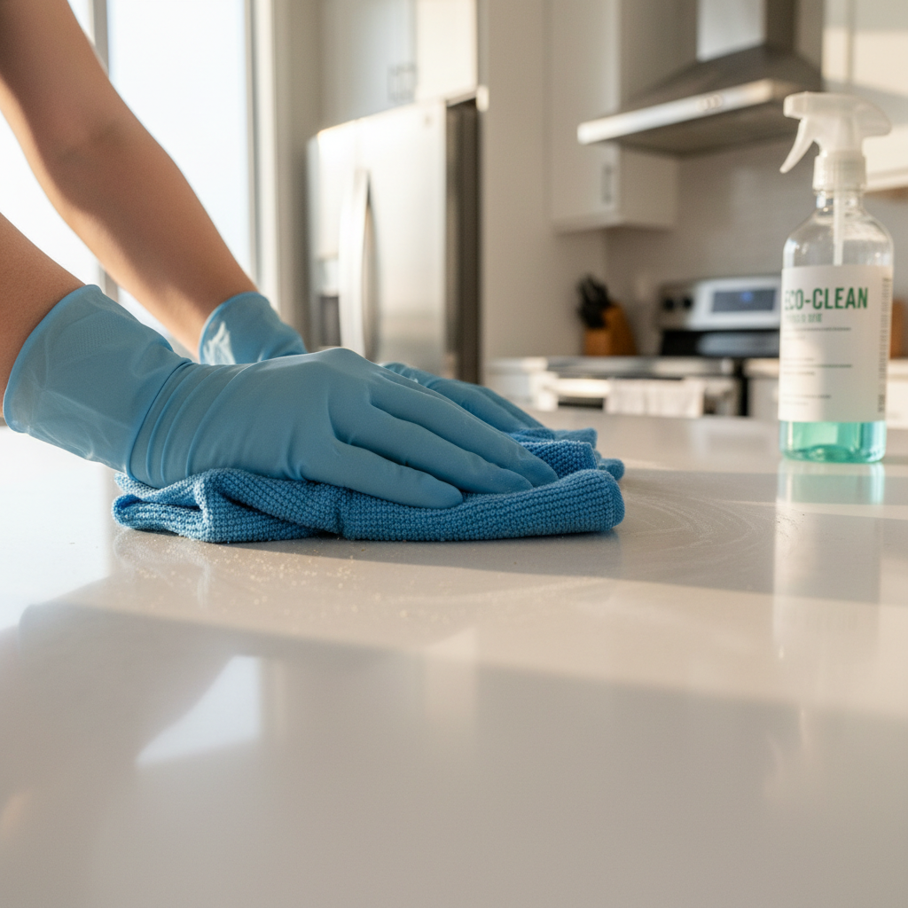 The secret to a perfect kitchen move out is meticulous attention to countertop details. A cleaning professional's hands holding a microfiber cloth against a freshly cleaned kitchen countertop in a peaceful home.