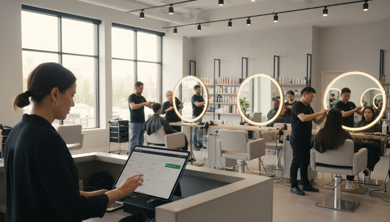Busy modern salon with stylists serving diverse clients while manager monitors bookings and transactions on tablet at reception desk