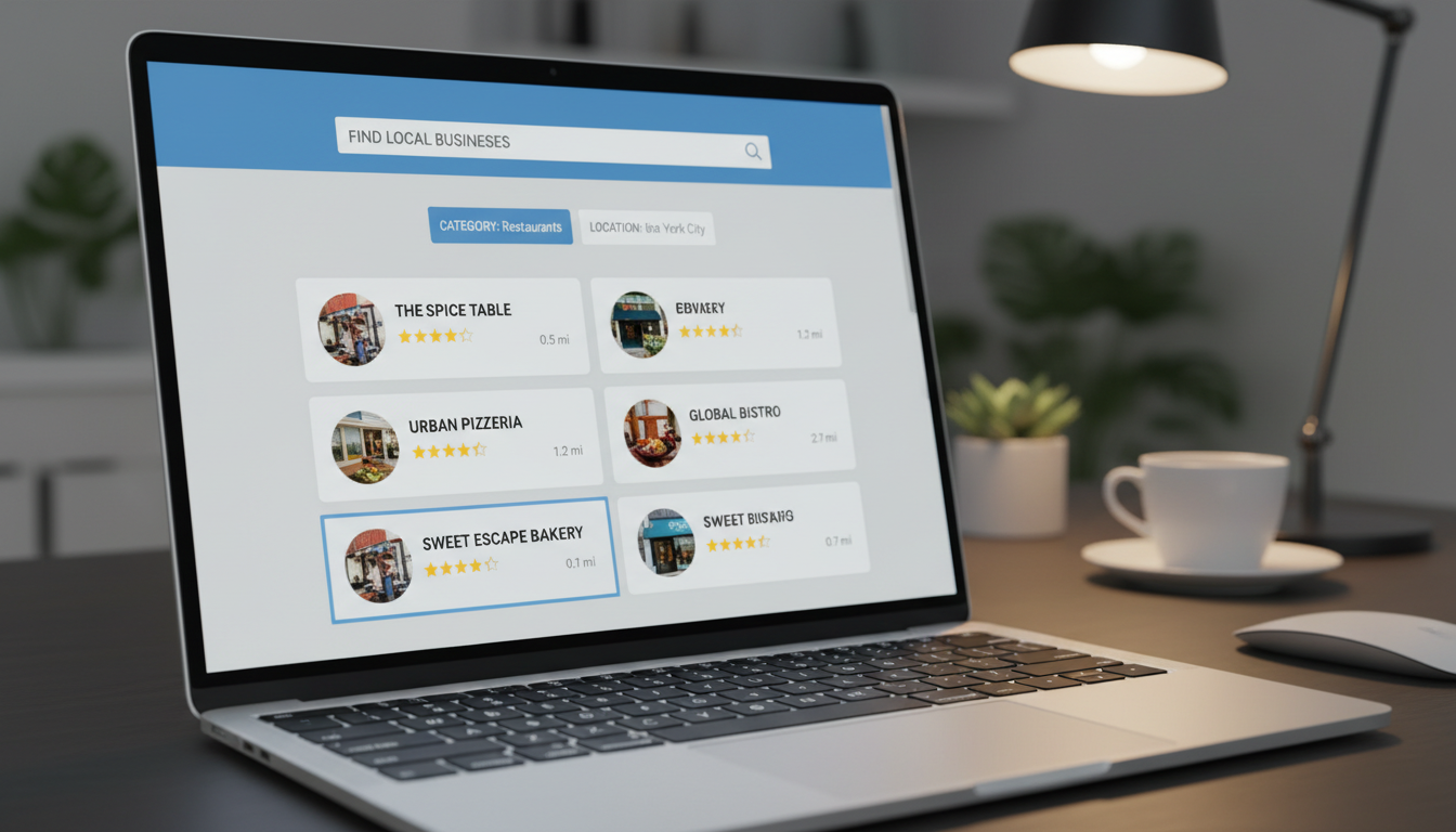 Close-up of laptop displaying marketplace search results with multiple filtered vendor listings organized by category and location