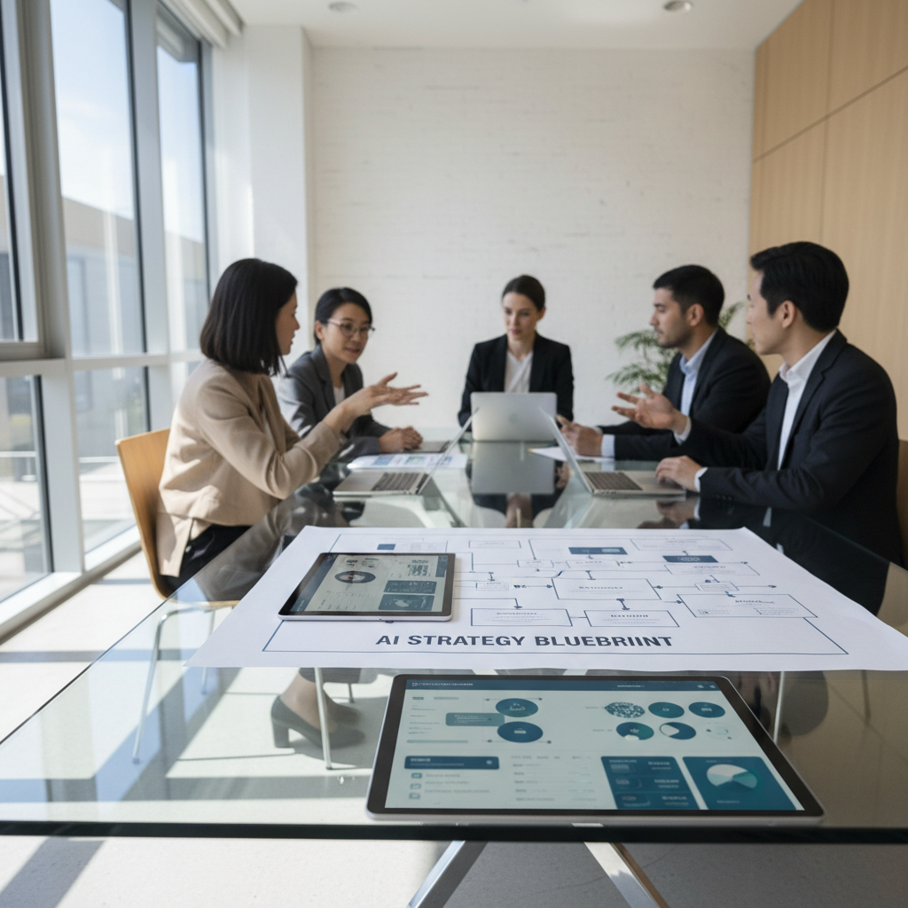 Diverse team reviewing AI automation workflows and data visualizations on tablets around glass conference table in modern office