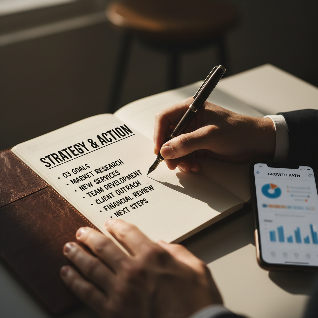 Writing down your key points helps keep the conversation focused and honest. An overhead shot of a notebook with scrawled handwriting and a pen resting on the page next to a phone.