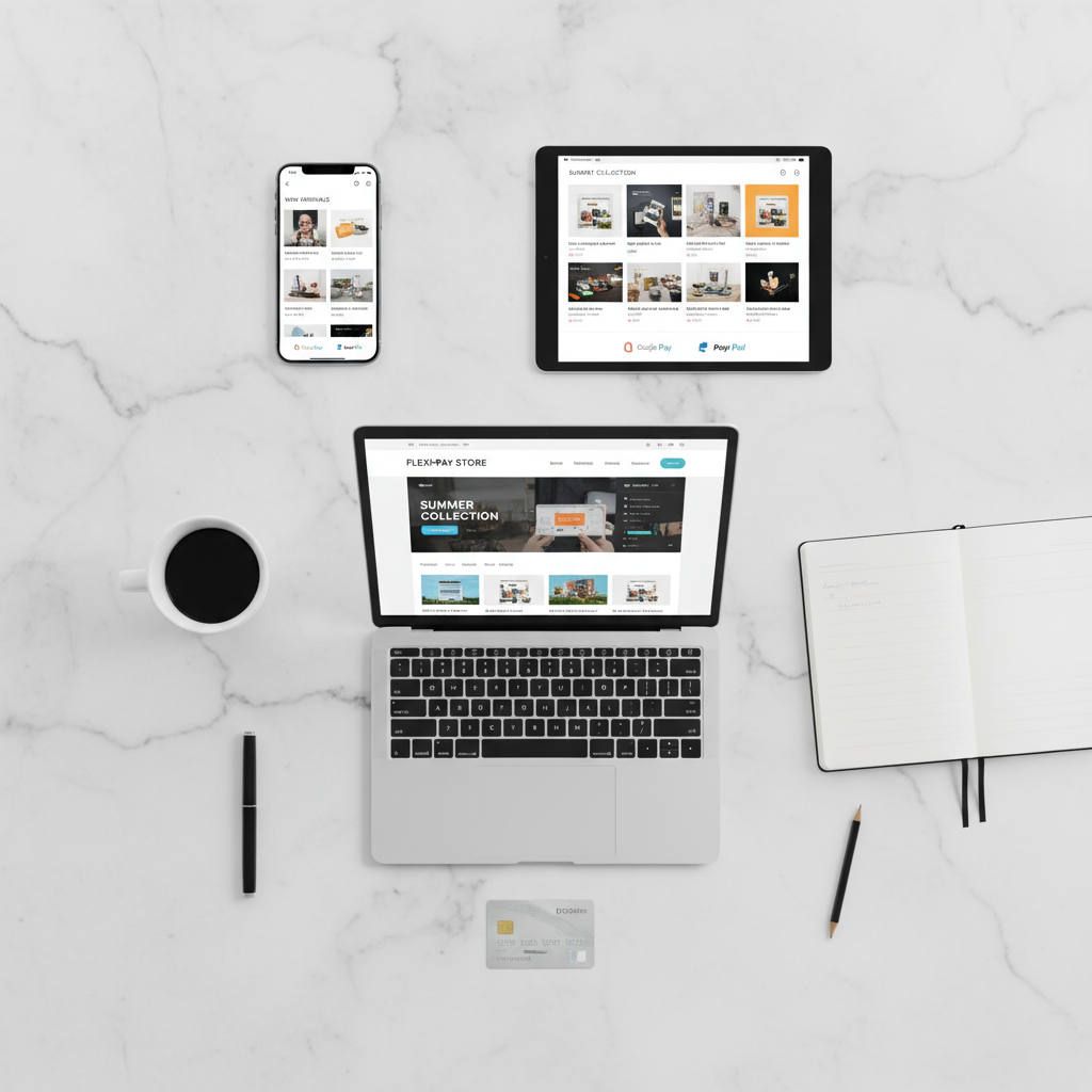 Overhead view of smartphone, tablet, and laptop displaying consistent e-commerce interface with payment options visible Overhead view of smartphone, tablet, and laptop displaying consistent e-commerce interface with payment options visible