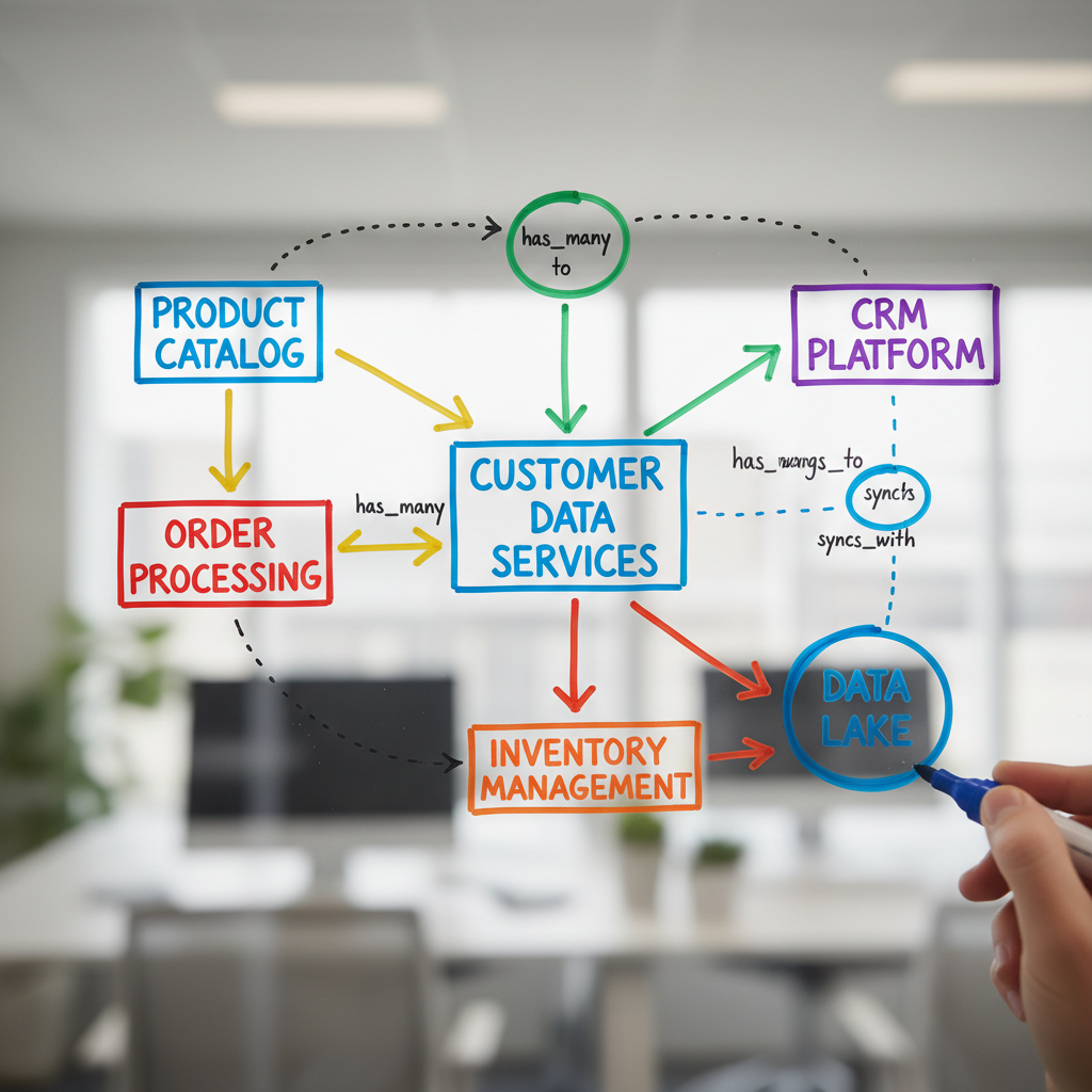 Close-up of colorful database architecture diagram being drawn on glass whiteboard with dry-erase markers