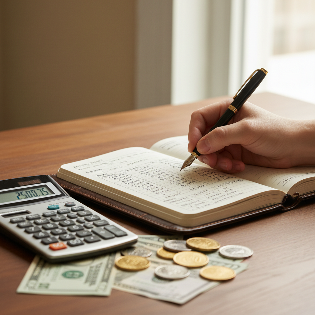 Hands writing financial calculations in notebook with coins and calculator on desk