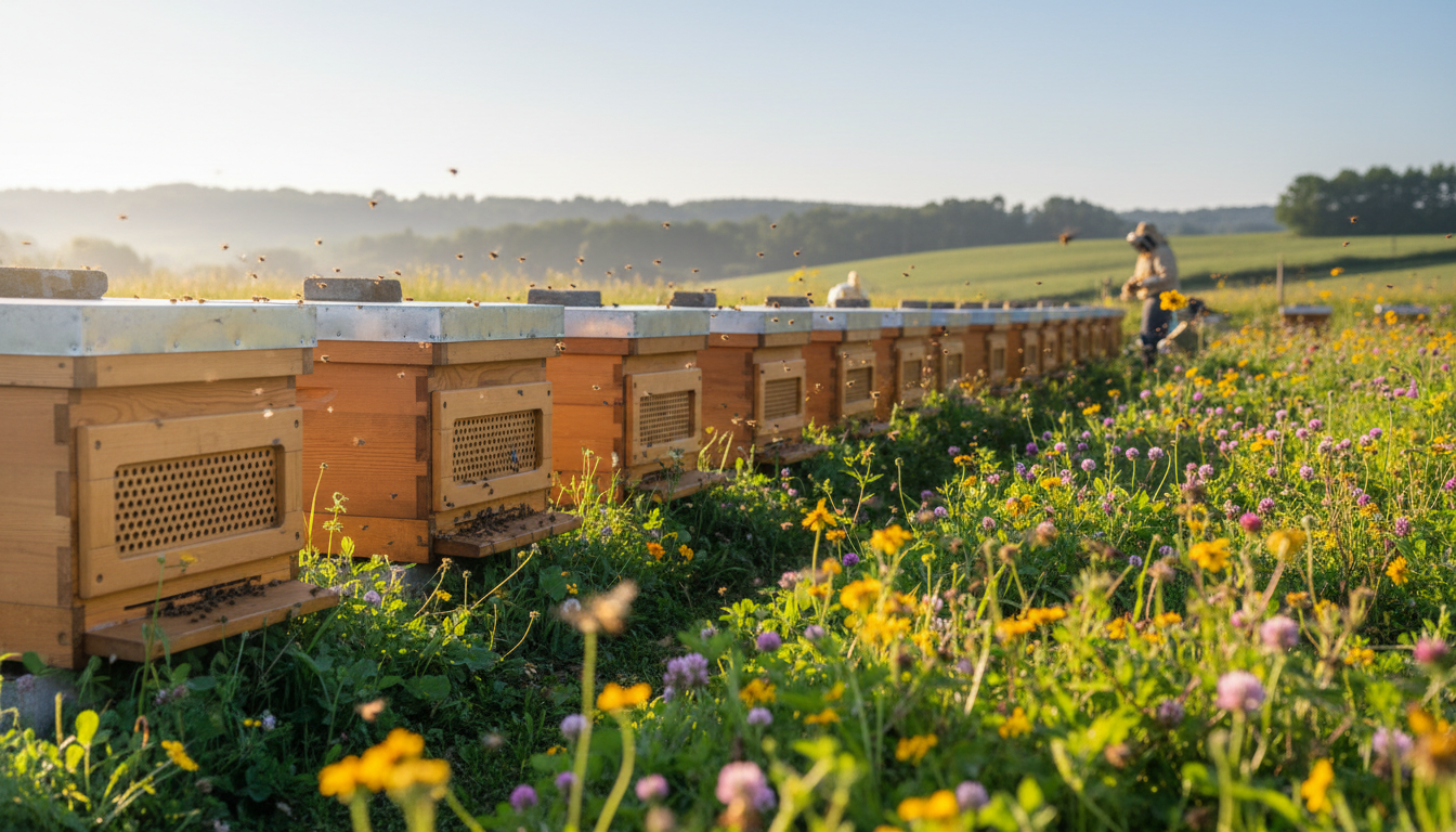 Wide view of organized apiary with protective hive equipment in thriving garden with flowering plants and foraging bees throughout landscape Wide view of organized apiary with protective hive equipment in thriving garden with flowering plants and foraging bees throughout landscape