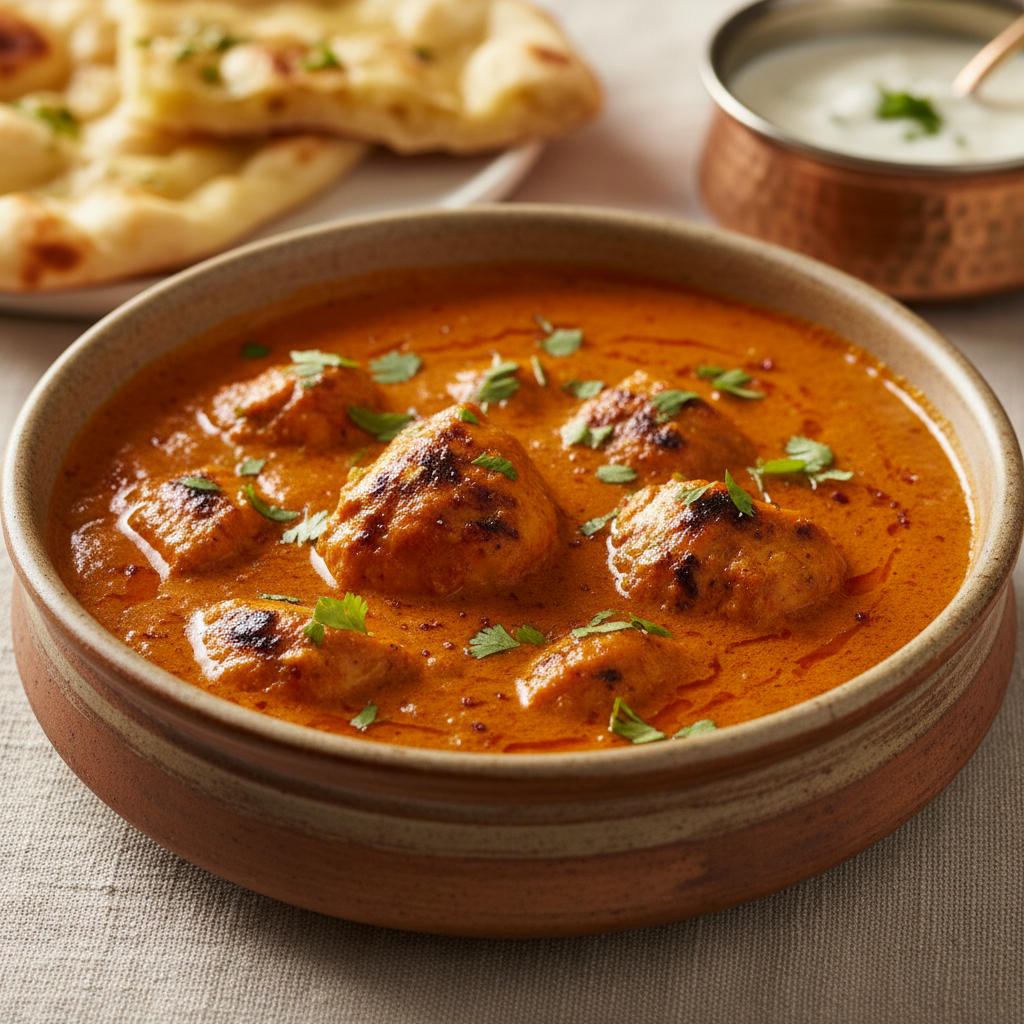 Close-up of creamy butter chicken curry garnished with cilantro, glowing in natural light in ceramic bowl Close-up of creamy butter chicken curry garnished with cilantro, glowing in natural light in ceramic bowl