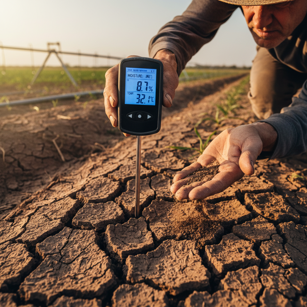 Farmer's hands holding soil moisture sensor in dry, cracked earth with crops visible in background Farmer's hands holding soil moisture sensor in dry, cracked earth with crops visible in background