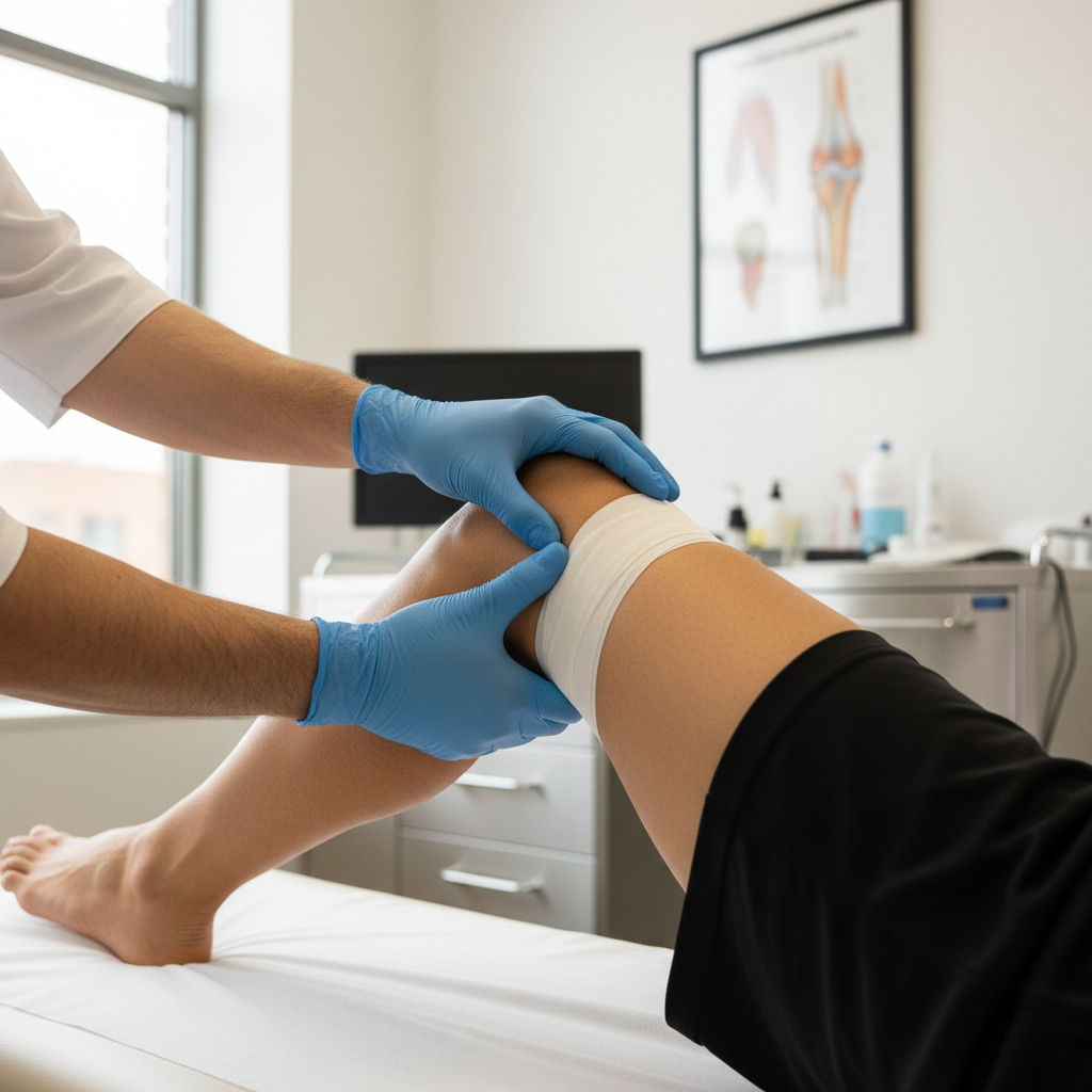 Sports medicine physician performing detailed knee examination on athlete patient in modern clinical setting Sports medicine physician performing detailed knee examination on athlete patient in modern clinical setting
