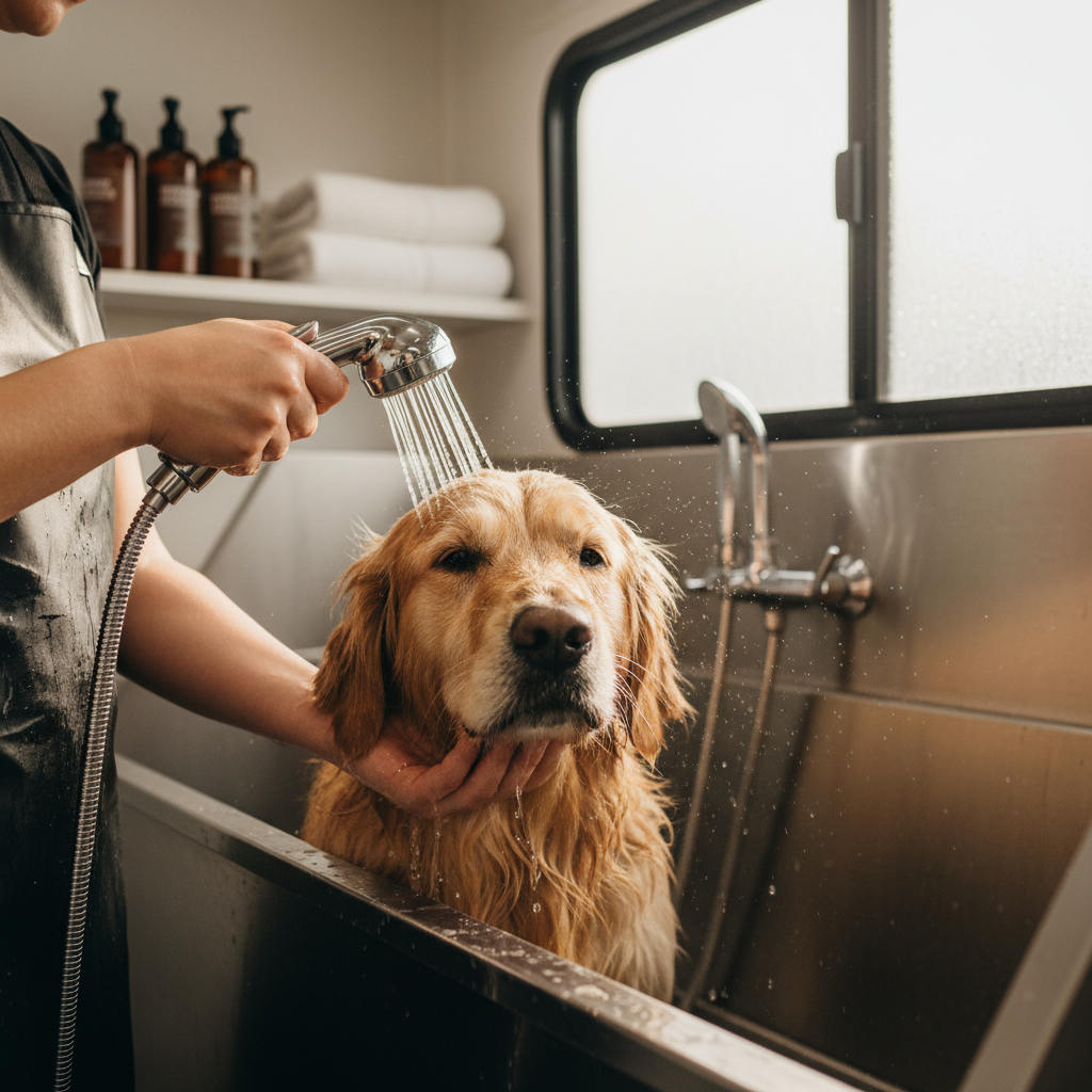 Professional groomer's hands gently bathing a golden retriever with water spray in mobile grooming unit