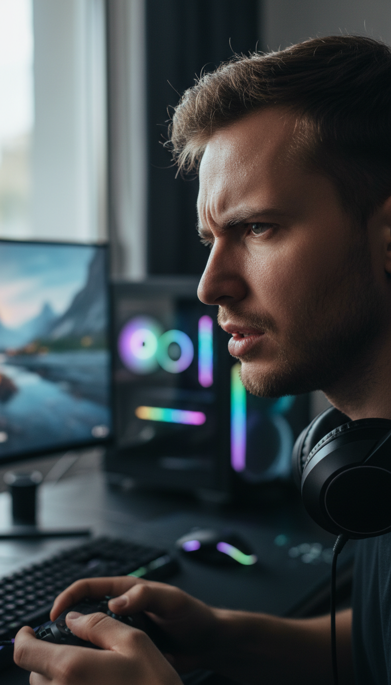 Player's face showing intense concentration and emotional engagement during immersive gameplay session Player's face showing intense concentration and emotional engagement during immersive gameplay session