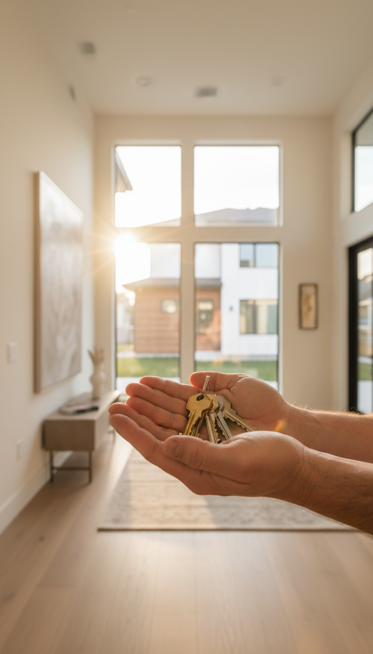 Homeowner holding new house keys with completed modern residential home visible through bright windows behind them in warm sunlight