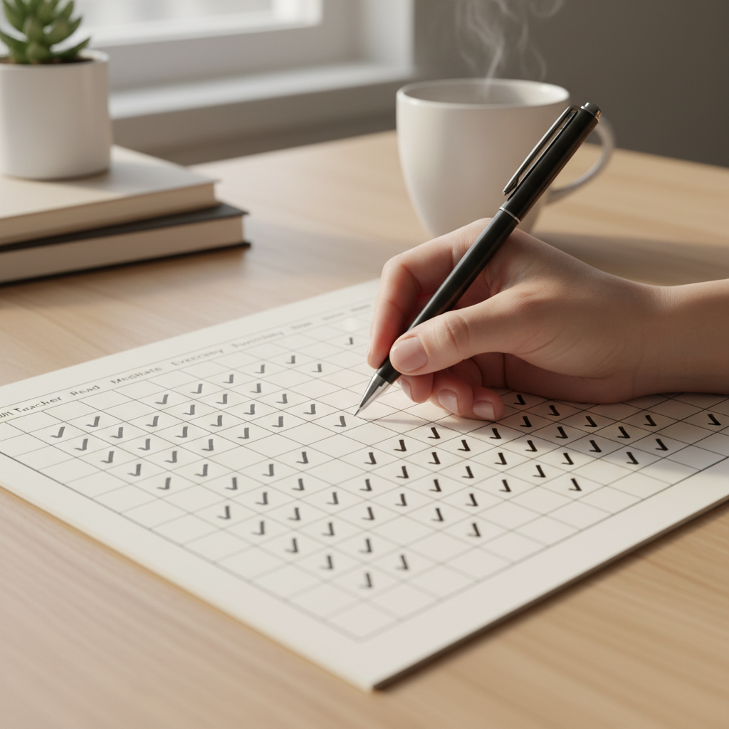 Person's hand with pen marking a checkbox on minimalist daily habit tracker sheet in natural morning light.