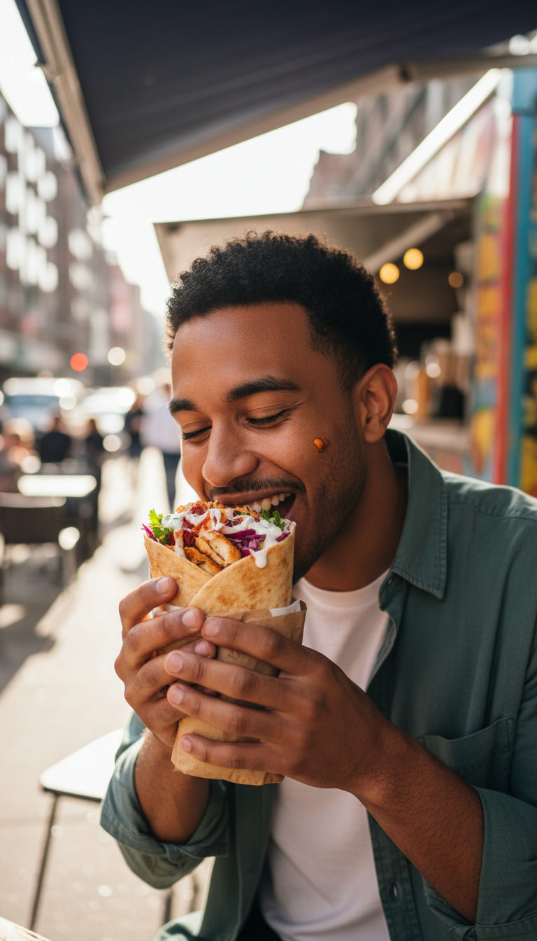 happy customer eating burrito