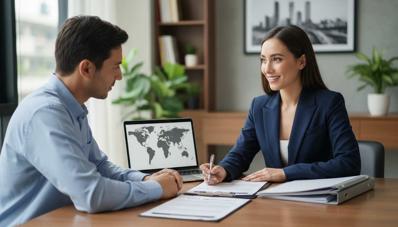 Immigration consultant and client reviewing visa documents together at consultation table