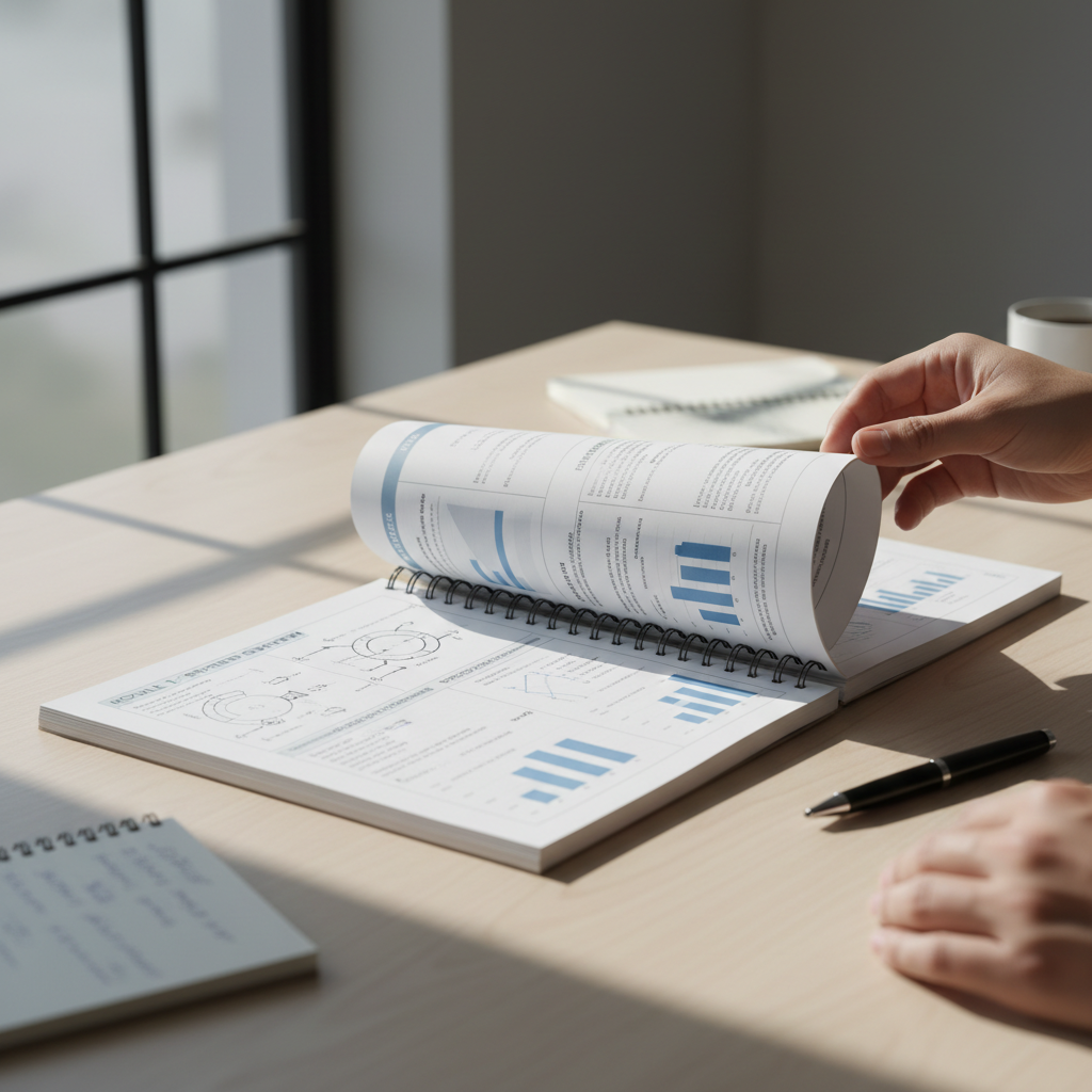 Hands turning pages of a spiral-bound training manual on a wooden desk with natural window light Hands turning pages of a spiral-bound training manual on a wooden desk with natural window light