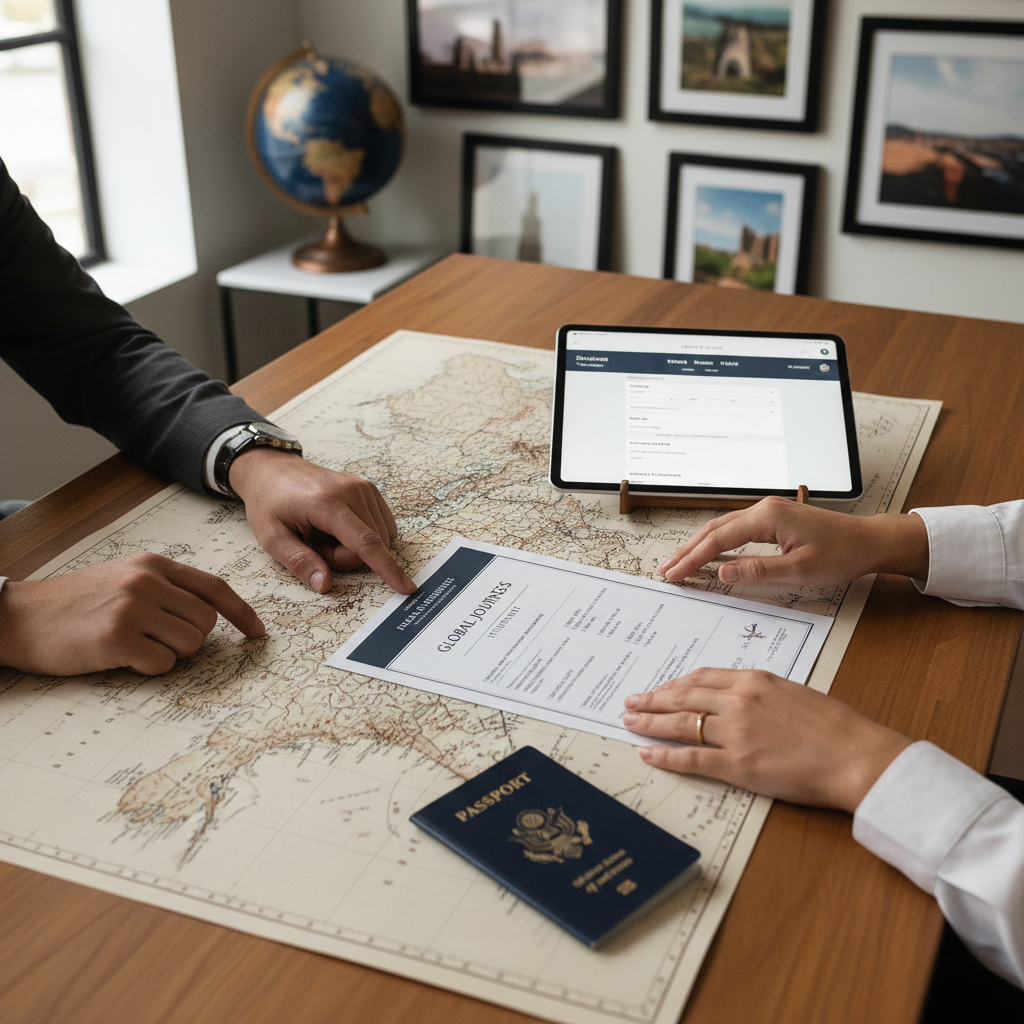 A travel agent and client reviewing a destination map and itineraries