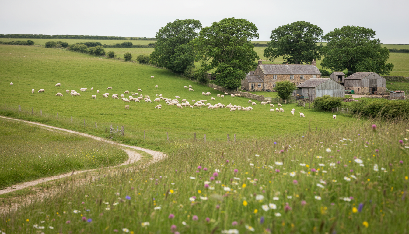 Pastoral landscape with sheep grazing on rolling green hillside and traditional farmhouse buildings nestled among trees Pastoral landscape with sheep grazing on rolling green hillside and traditional farmhouse buildings nestled among trees