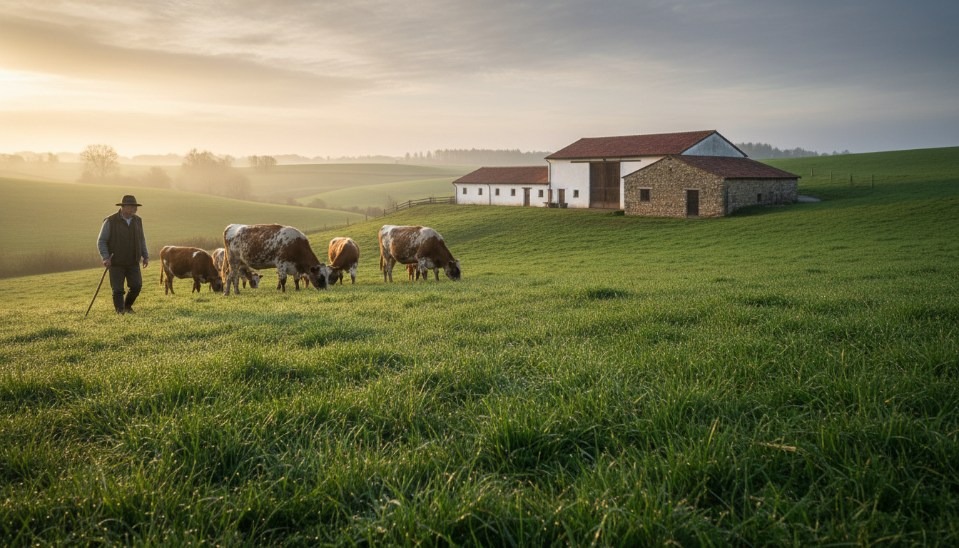 Farmer walking with herd of local cattle in lush green pasture during golden hour morning light with traditional dairy farm building visible Farmer walking with herd of local cattle in lush green pasture during golden hour morning light with traditional dairy farm building visible