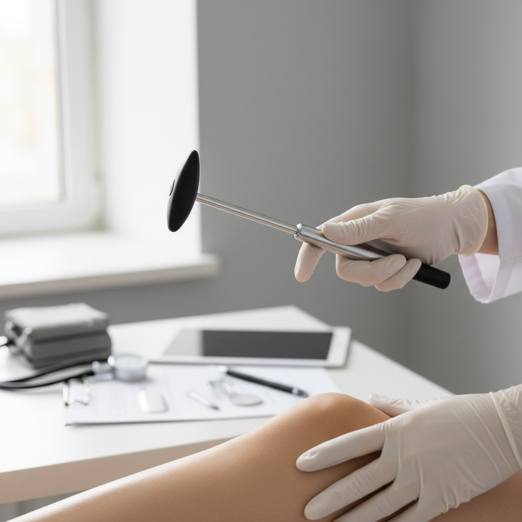 Neurologist's hands performing reflex hammer test during patient neurological examination in clinical setting Neurologist's hands performing reflex hammer test during patient neurological examination in clinical setting