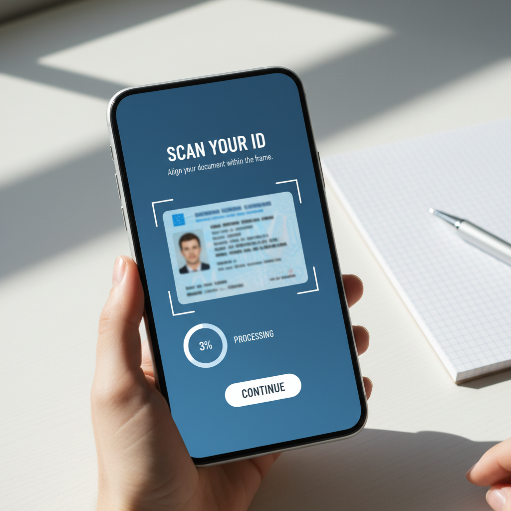 Smartphone screen scanning an ID document during an identity verification check, illustrating how AI-driven scam detection works for a Liverpool user Smartphone screen scanning an ID document during an identity verification check, illustrating how AI-driven scam detection works for a Liverpool user