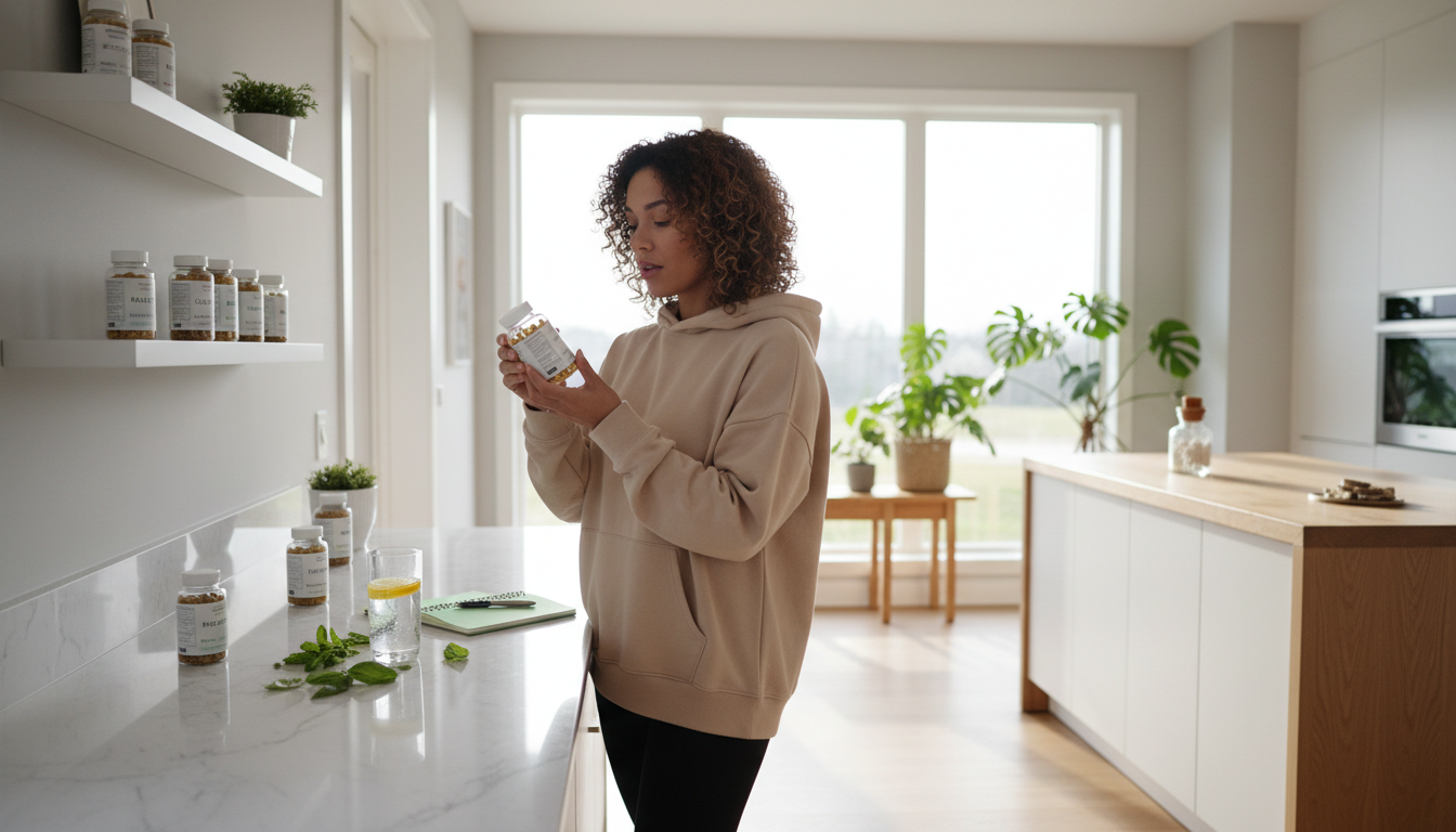 Woman organizing supplement bottles on kitchen counter in bright, minimalist wellness-focused home space Woman organizing supplement bottles on kitchen counter in bright, minimalist wellness-focused home space