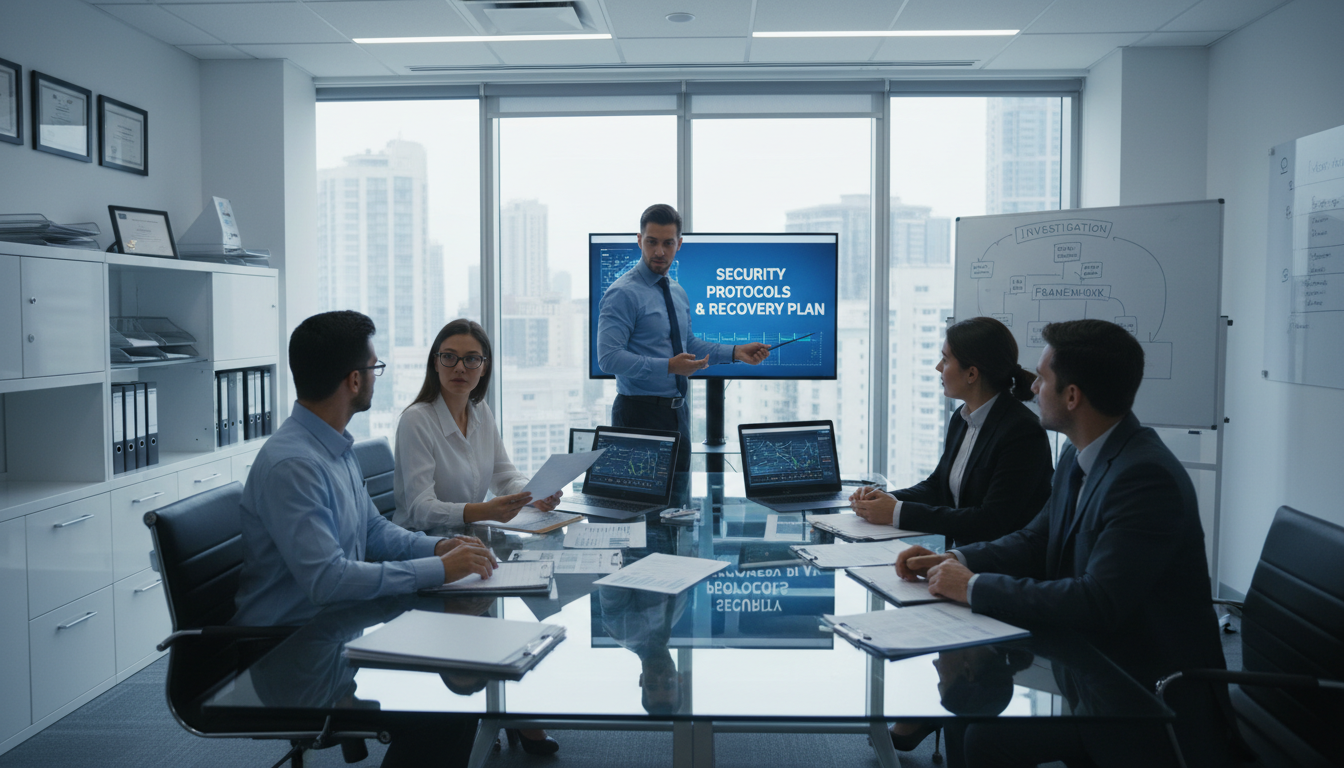 Diverse fraud recovery team collaborating around conference table analyzing case files and security protocols