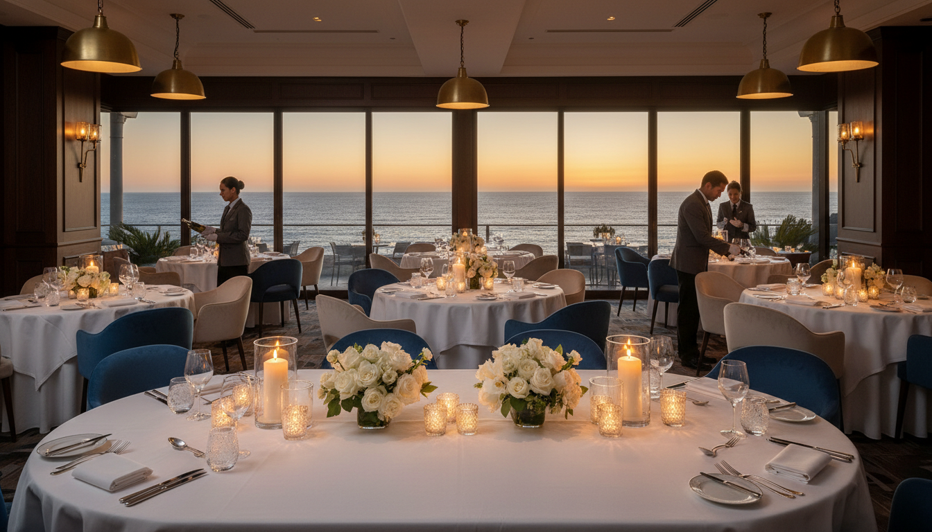 Many a la carte restaurants require 'Resort Elegant' attire for dinner service. An upscale dinner table set for two at a luxury resort overlooking the ocean at dusk.