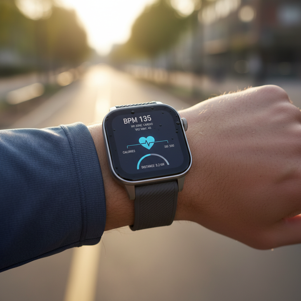 Tracking HRV daily reveals how well your body is actually recovering from stress. Person checking HRV data on a wearable device after a workout, showing recovery metrics on screen