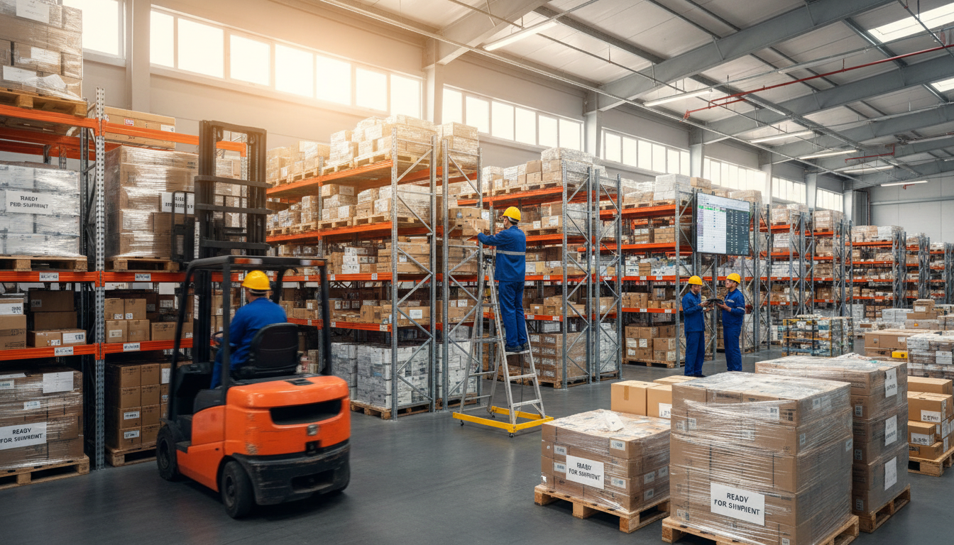 Busy warehouse distribution center with workers, forklift operations, and organized product storage on industrial metal shelving systems