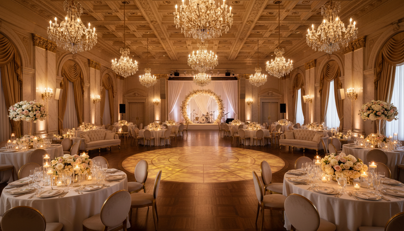 Elegant grand ballroom decorated for evening celebration with chandeliers, decorated tables, and warm ambient lighting