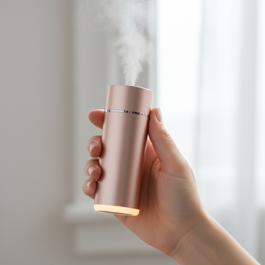 Compact facial mist humidifier in woman's hand with fine mist visible, soft natural lighting highlighting sleek metallic design