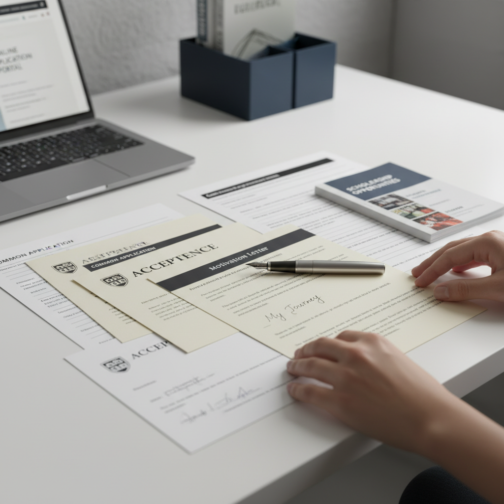 Student hands organizing university acceptance letters, application forms, and scholarship documents on clean desk