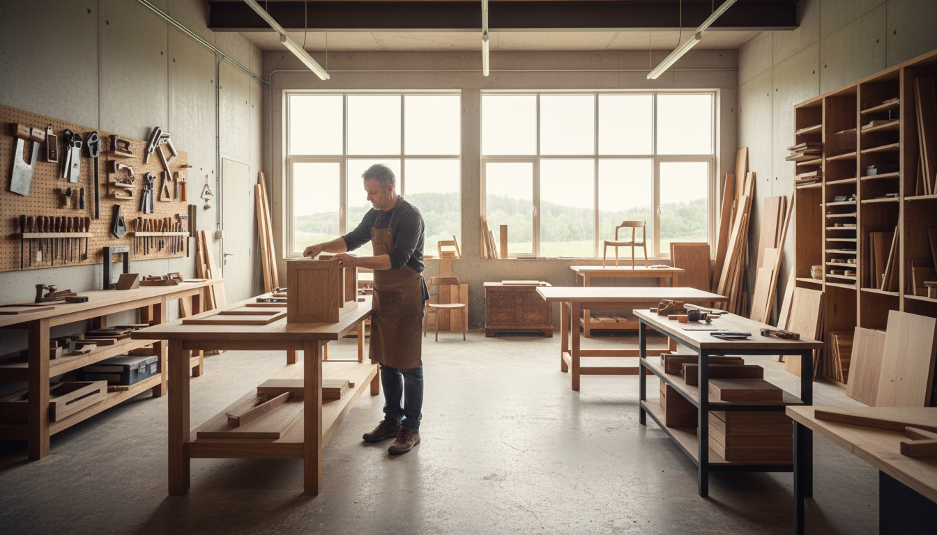 Local expertise ensures your commercial project is built to the highest standards of craftsmanship. A professional cabinet maker working in a modern wood shop with precision tools