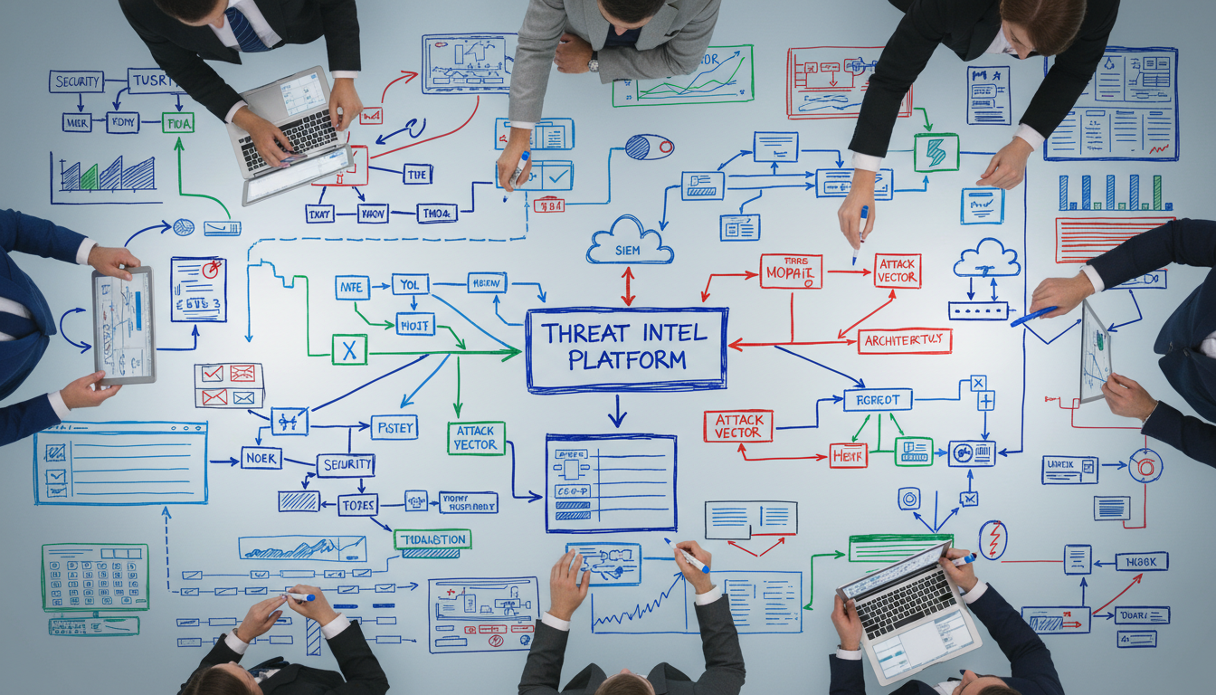 Overhead view of whiteboard filled with security network diagrams and threat mapping with collaborative team hands visible Overhead view of whiteboard filled with security network diagrams and threat mapping with collaborative team hands visible