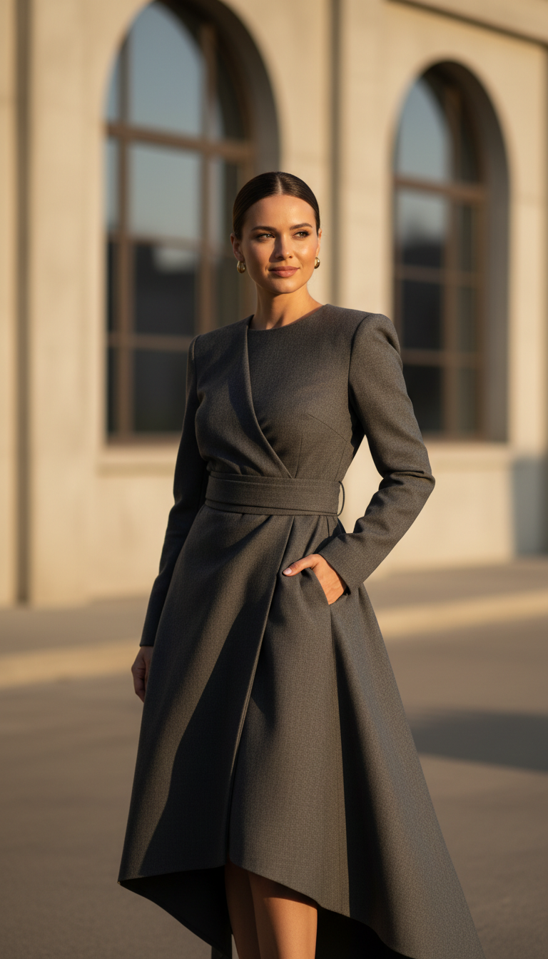 Woman in tailored contemporary dress ensemble photographed in golden hour light, showcasing garment silhouette and quality construction