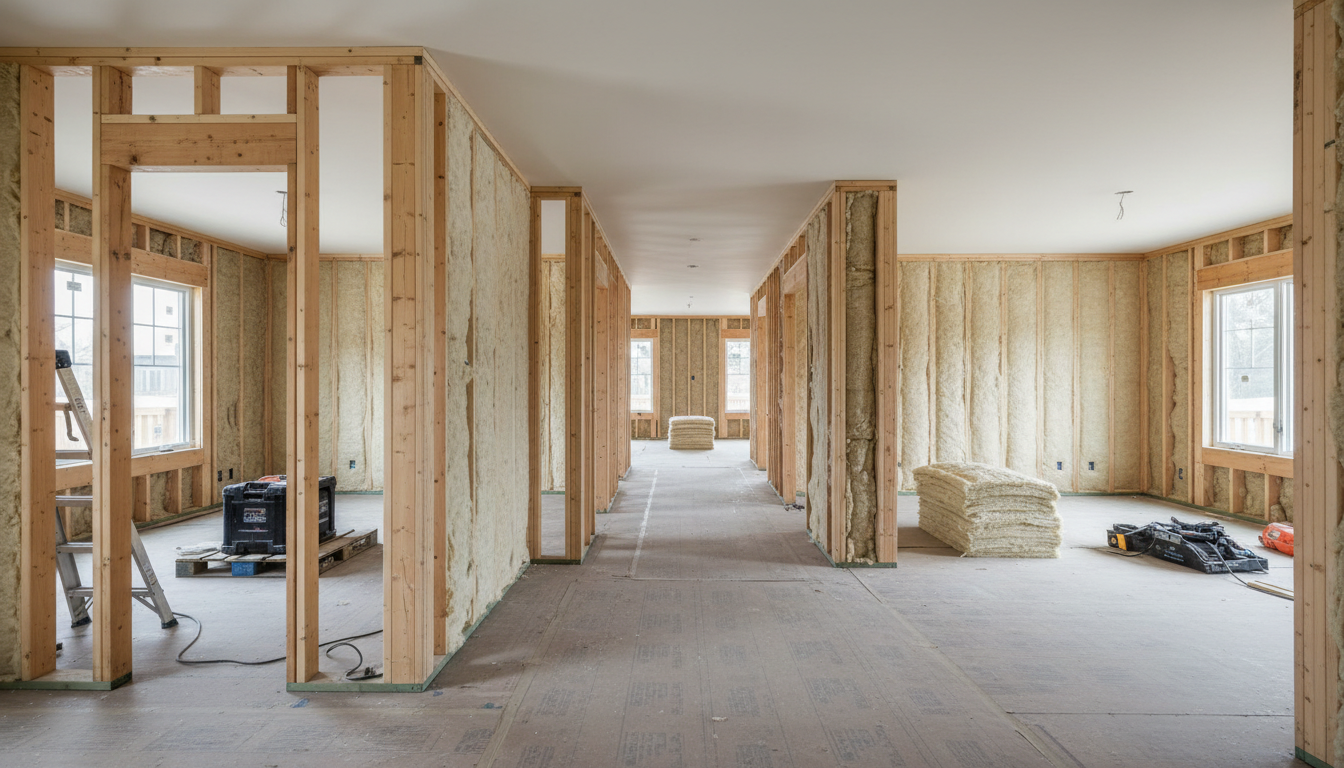 Interior view of residential home renovation showing walls at various stages of insulation installation Interior view of residential home renovation showing walls at various stages of insulation installation